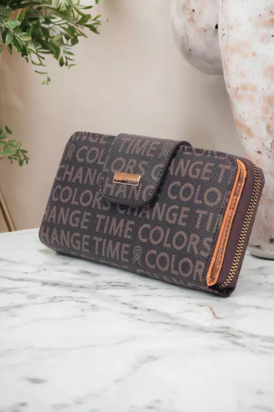 المرأة النص منقوشة المفاجئة وسحاب المتضخم أنيق براون محفظة بطاقة حامل التبعي