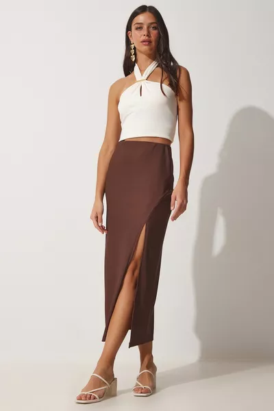 المرأة البني شق عميق ساران قلم رصاص تنورة محبوك 