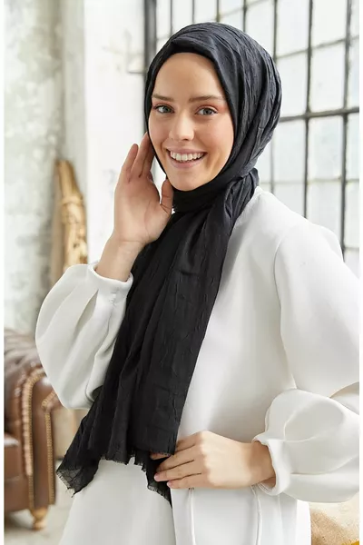 حجاب نسائي من الخيزران الكراك شال قطن هزلي شال أسود