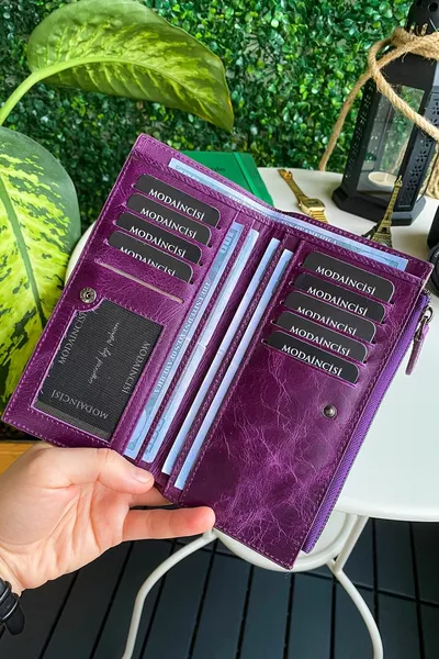 Mannu - حزام يد Elite Serie جلد طبيعي أرجواني طويل مع مقصورة عملات معدنية