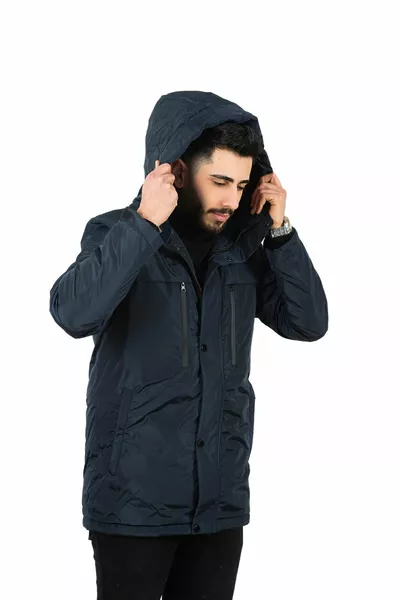 Мужское темно-синее флисовое внутреннее водонепроницаемое и ветрозащитное зимнее пальто с капюшоном и парка