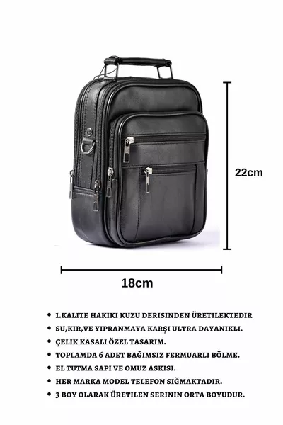 Men's Black Steel Case Genuine Leather Hand And Shoulder Bag With Adjustable Strap (Medium Size)