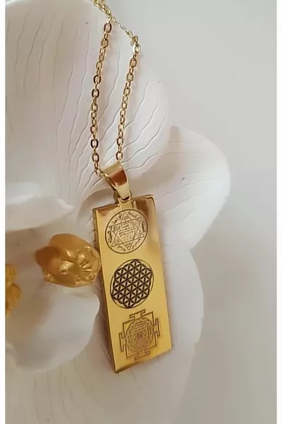 Stalen ketting met nummerreeks en zegel van Salomo, bloem van het leven en Sri Yantra-symbool