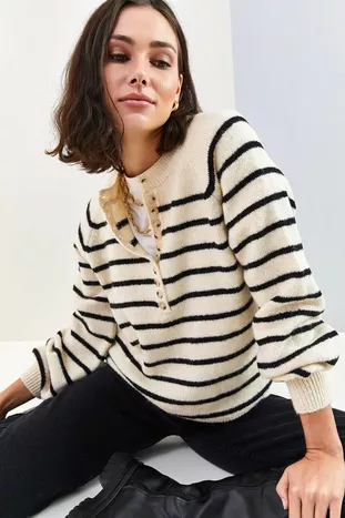 Женский вырез на пуговице водолазка полосатый трикотажный свитер
