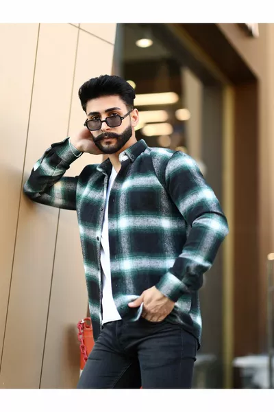 قميص حطاب أبيض وأسود مخطط أزرار طوق الوقوف