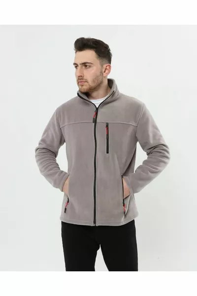Unisex Light Grey Bato Collar Full Zipper 3 Pockets Outdoor Fleece Jacket