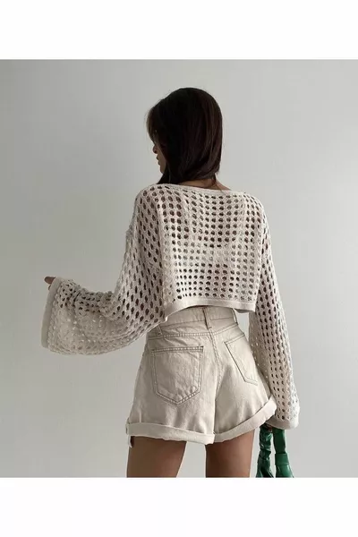 Vrouwen Crème Depox Spaanse mouw brede kraag opengewerkte shabby geperforeerde crop gebreide blouse