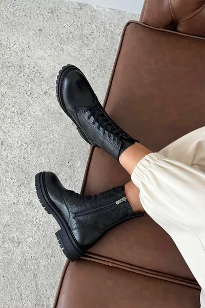 سعيد المرأة أحذية بريدية جلد طبيعي أسود