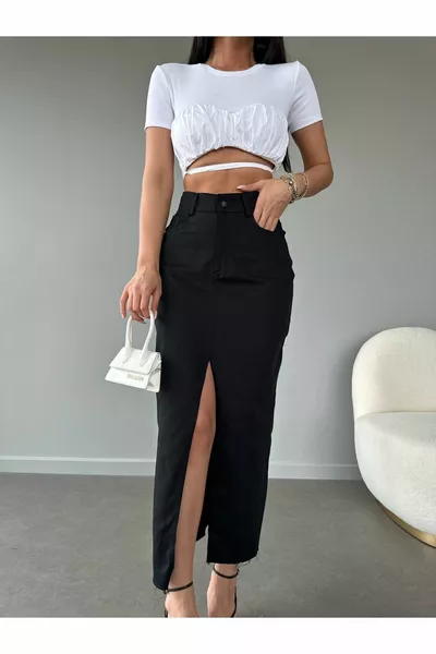 تنورة طويلة سوداء عالية الخصر للسيدات مع فتحة في الأمام ست قصات