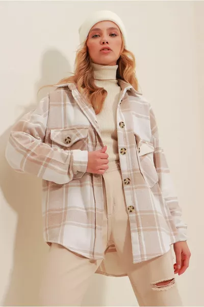 نسائي Ecru بيج منقوش منقوشة قطن سفاري كبير الحجم قميص 