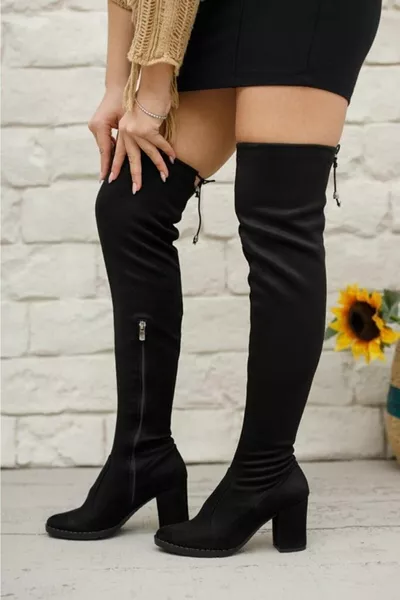 Chaussettes stretch noires en daim à talons épais Bottes au-dessus du genou pour femme