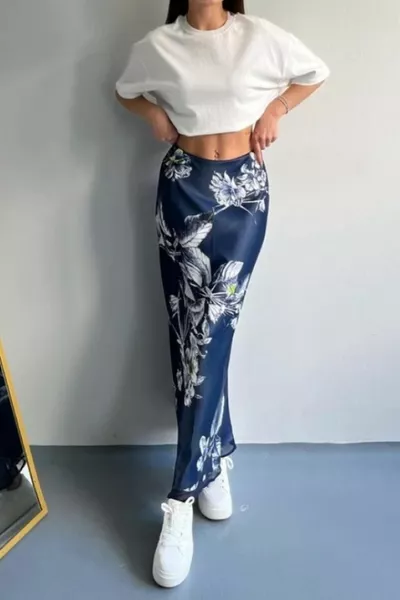 Лятна сатенена материя Краища с флорални шарки Детайл от тюл Макси (дълга) дължина Гарнитура Тъмносиня пола