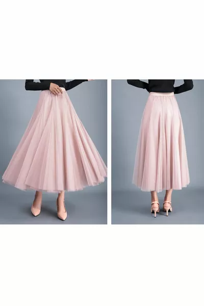 Women's Powder 3 Layer Midi Tulle Skirt Comfortable High Waist Ankle Length Long Hijab Tulle Skirt