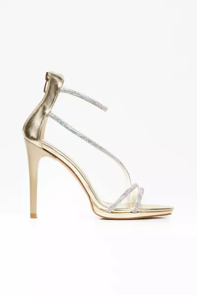 - Stijlvolle naaldhakken met golvende striemen geborduurd met gouden steentjes