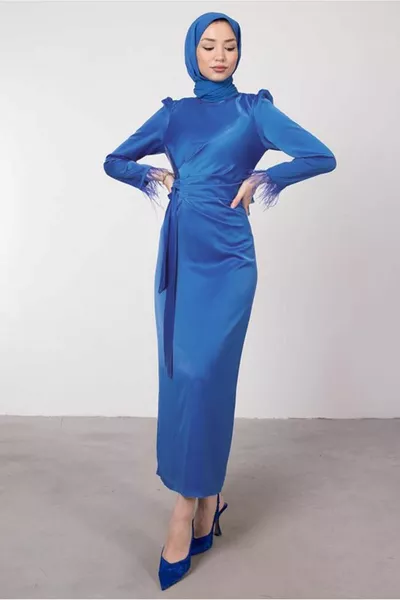 نسائي أزرق كحلي (INDIGO) أصفاد ريشة فستان سهرة مفصل T 