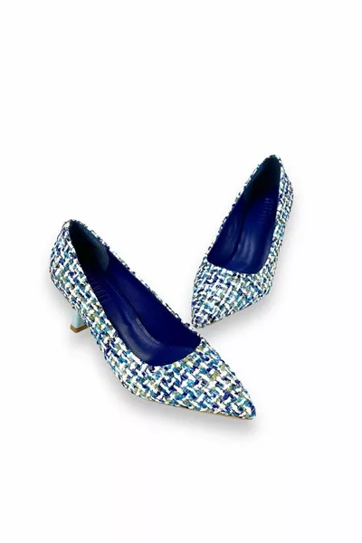 Жените Fegte синьо текстилен плат материал вечерна рокля обувки 5 см 