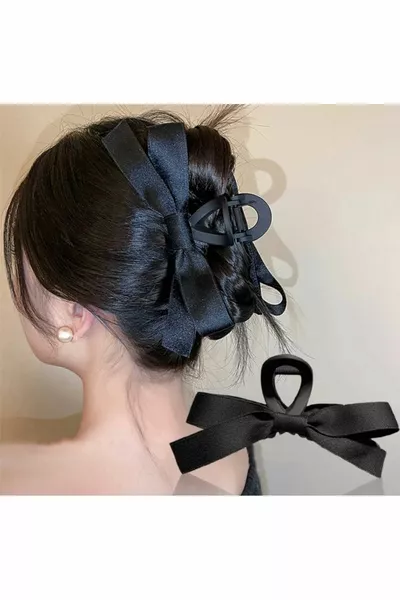 Women's Black Satin Double Sided Bow Latch Clasp