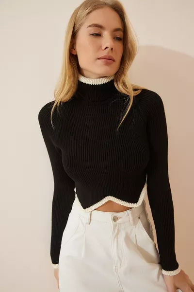 Maglione in maglia a collo alto nero da donna 