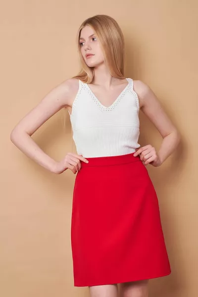 Hohe Taille Leichter Lycra-Stoff Knielanger Glockenrock - rot