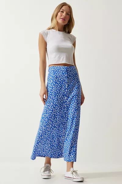 تنورة نسائية بشق فسكوزي بنقش أزرق 