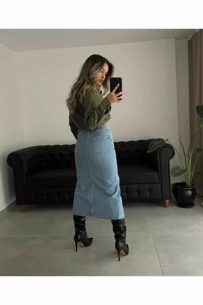 Midi Denim Rok Split Hoge Taille Sweet Blue