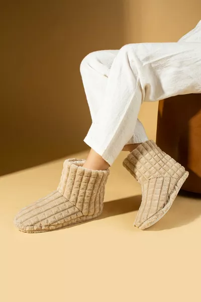 Женские бежевые пандуфы повседневная теплая подкладка удобные домашние сапоги на подошве домашняя обувь