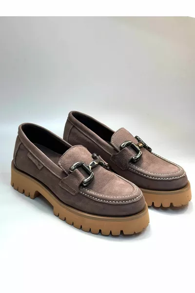 Real Leather Buckle Detailed Saddle Loafer Shoes