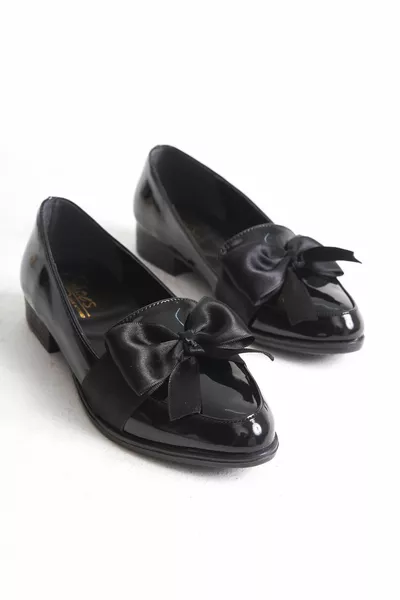 Cuir verni noir Mary Jane Bow Mocassins Femme