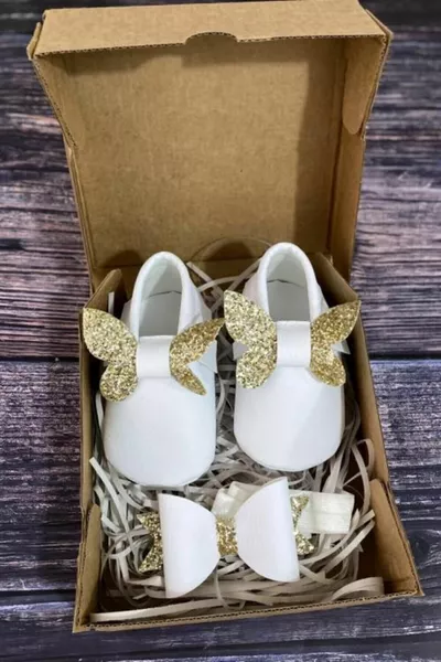Baby Loafers White Front Gold Butterfly And Hair Bandana