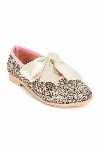 Kiz Çocuk Simli Fiyonklu Babet Ayakkabı