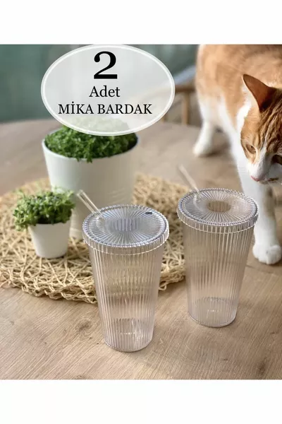 MIKA 2 Pieces  Ml Origami Style Mica Cups with Mica Lid Straw | Presentation Glass Soft Drink Cup