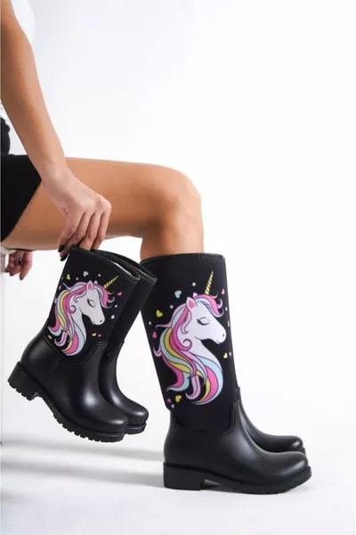 Mutter Tochter Kombination Pony bedruckt Plüsch Wasserdichte Regenstiefel