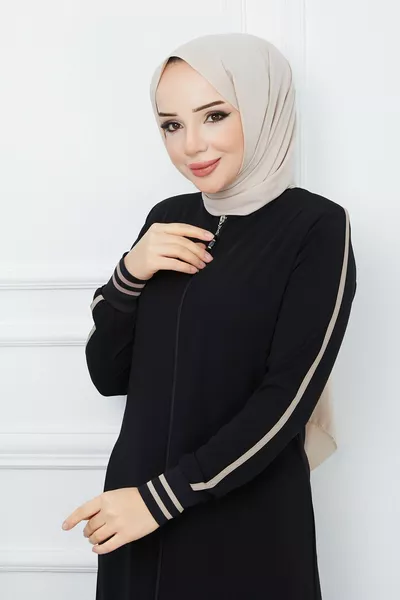 Hijab Clothing Medina Silk Black Abaya Cream Color Striped Sleeve Ribbed
