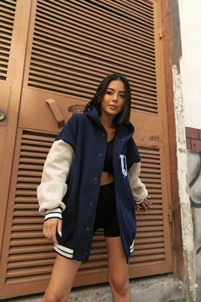 Unisex Oversize Marineblaue USA Bedruckte College Jacke