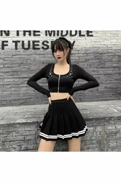 النمط الكوري الأبيض شريط مطوي كلية تنورة