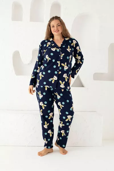 أزرق كحلي قطن بأزرار بالإضافة إلى حجم طقم بيجاما Battal