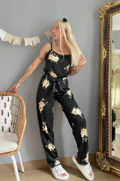 أسود الأزهار الدانتيل حبل حزام محبوك المرأة بيجامة مجموعة