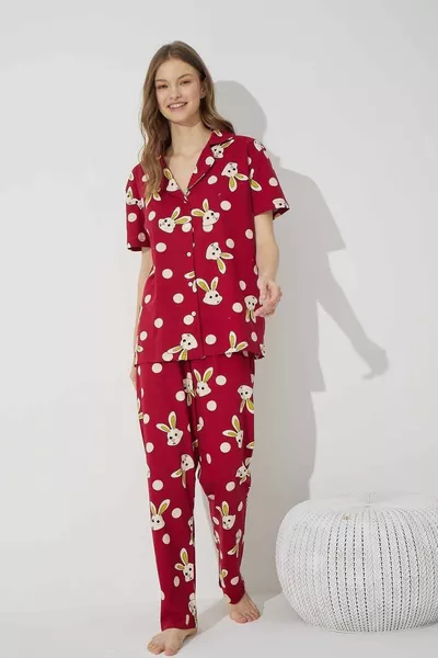 Ensemble pyjama en maille de coton boutonné à motif lapin bordeaux