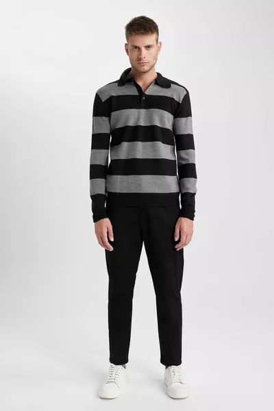 Standard Fit Normal Fit Striped Polo Neck Knit Sweater wn