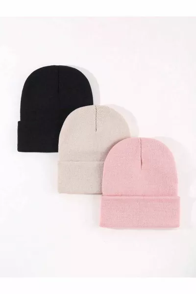Унисекс сгънат черен, камък, розов комплект шапки от 3 части