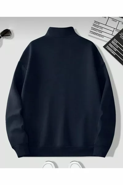 Marineblaues flaches Sweatshirt mit Stehkragen und halbem Reißverschluss