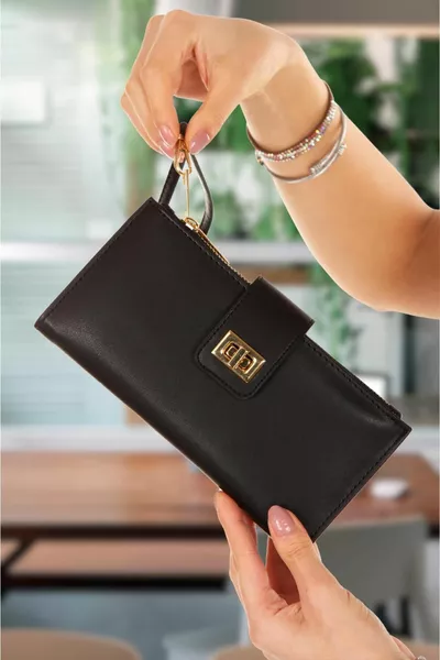Dames Zwart Venesia Papieren Munt Kaarthouder Compartiment Vergrendeld Polsbandje Portfolio Portemonnee
