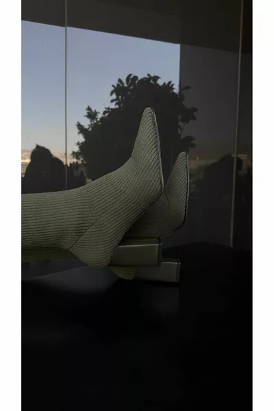 تاليا الكاكي تريكو الركبة مضلع أحذية نسائية ذات كعب