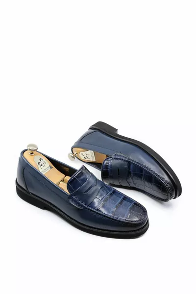 Genuine Leather Navy Blue Loafers Belted Men's Loafer Shoes 