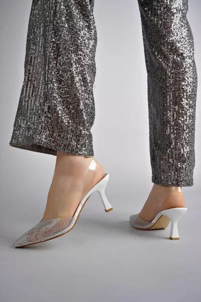 Juliet Guaranteed Dames Puntige Neus Glanzende Steen Open Rug Sheer Strap Hakken