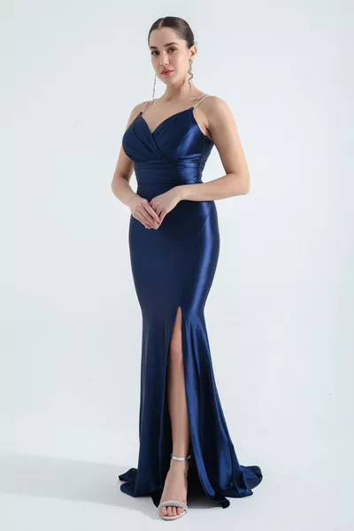 Marineblaues langes Abendkleid für Damen mit Steinträgern