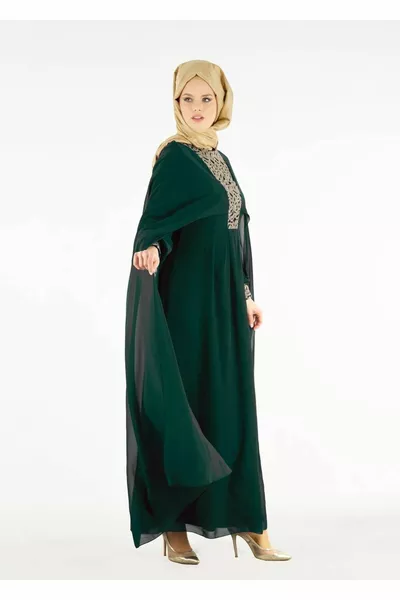 Women's Green (EMERALD) T  FY Collection- Embroidered Evening Dress
