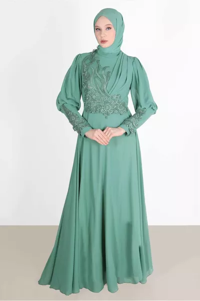 Grünes (mintfarbenes) Damen-Abendkleid mit Perlenstickerei 