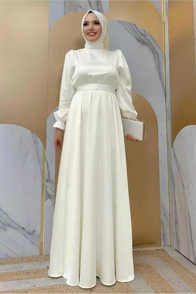 ABITO DA SERA DONNA ECRU CON CINTURA POLSINI IN RASO ELASTICIZZATO T 