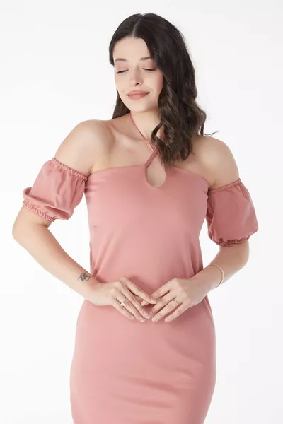 Robe de soirée droite à manches princesse rose pour femmes - 